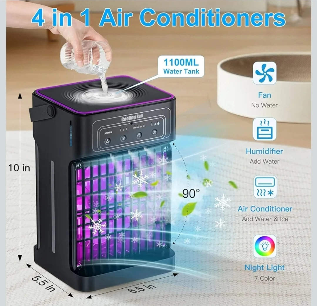 Portable Mini Air Cooler Fan w/ Cool Mist, Timer & LED Light - photo 5