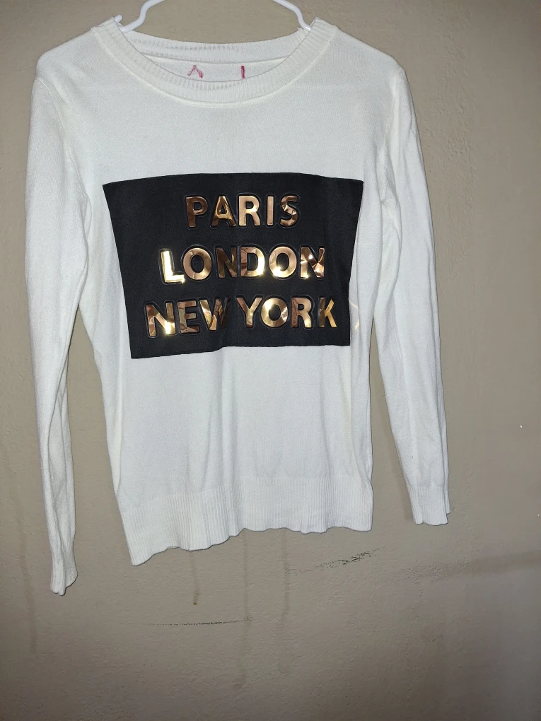 White Sweater with Paris London New York Design