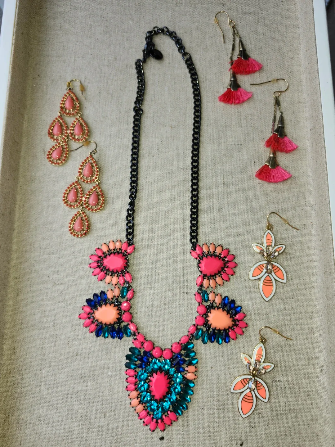 Necklace and 3 Earring Sets - Multi-coloured
