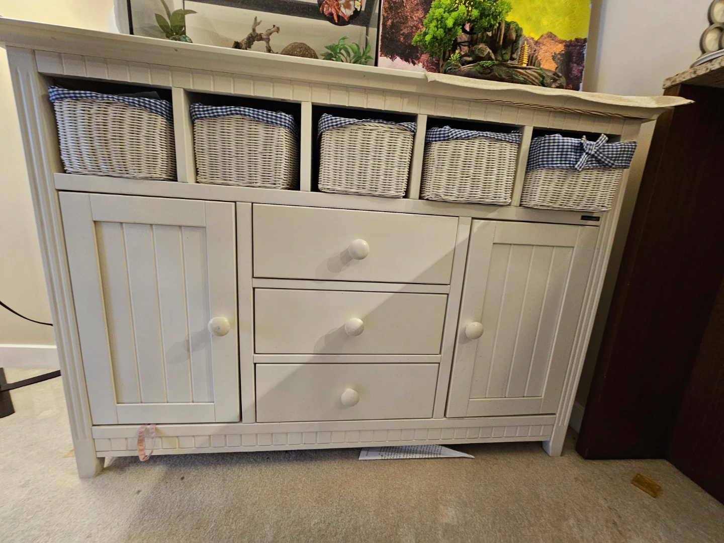 Charming White Storage Cabinet with Wicker Baskets for Sale