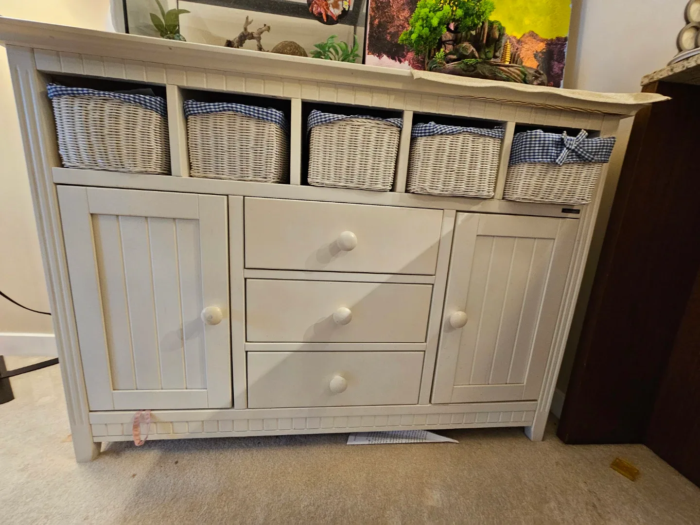 Charming White Storage Cabinet with Wicker Baskets for Sale