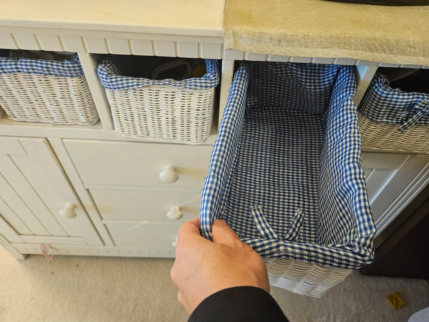 Charming White Storage Cabinet with Wicker Baskets for Sale image indicator(2)