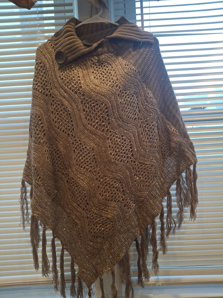 Brown Knit Poncho with Tassels
