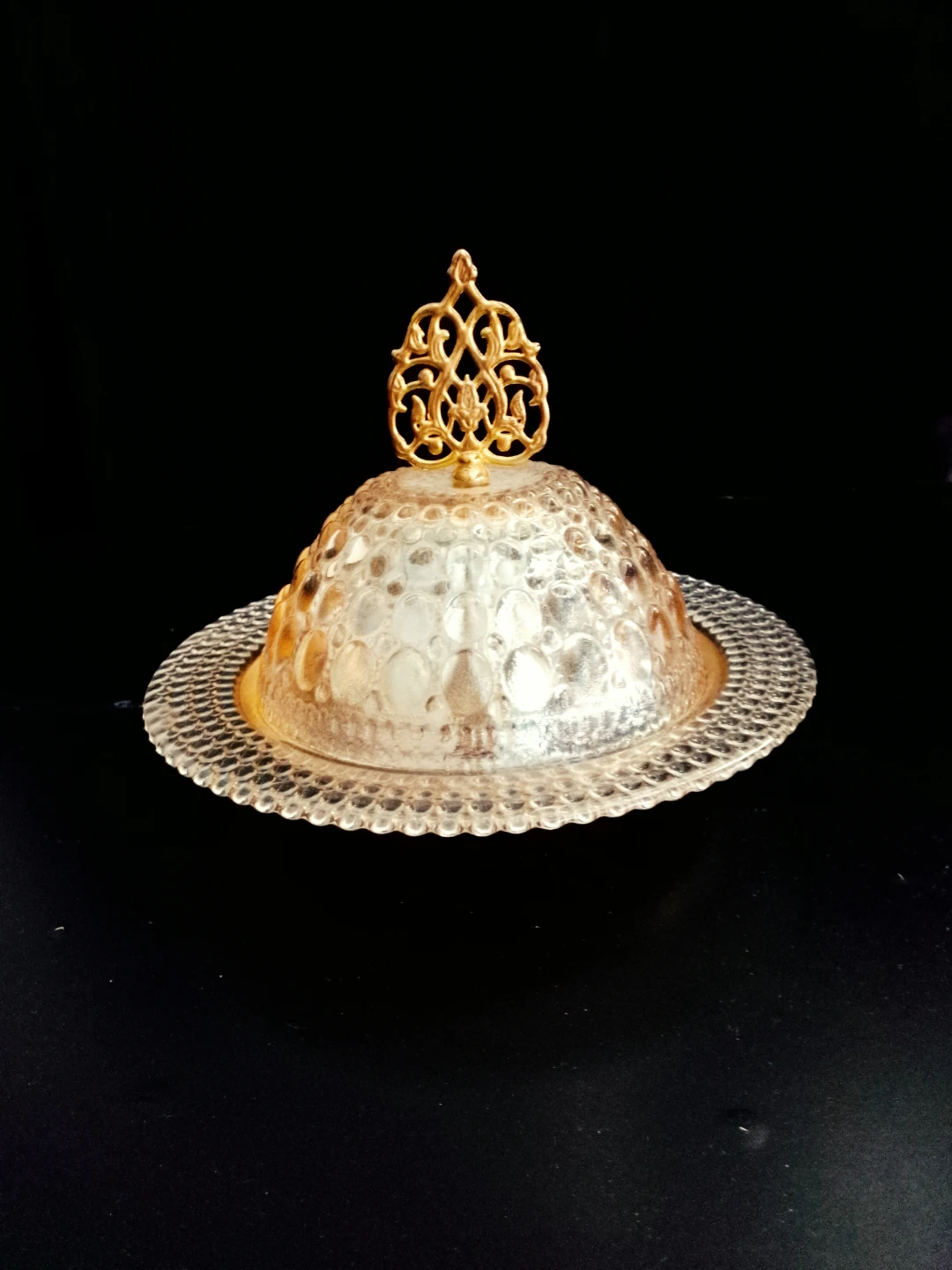 Elegant Glass Covered Dish with Gold Accent