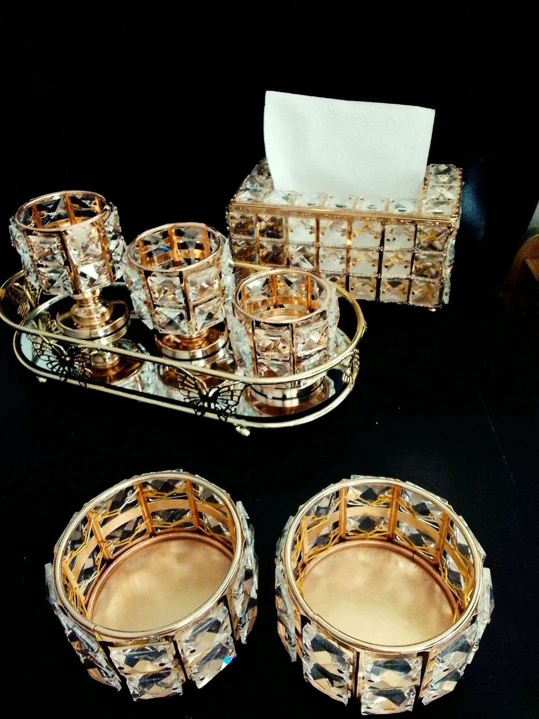 Elegant Gold Crystal Candle Holders and Tissue Box Set