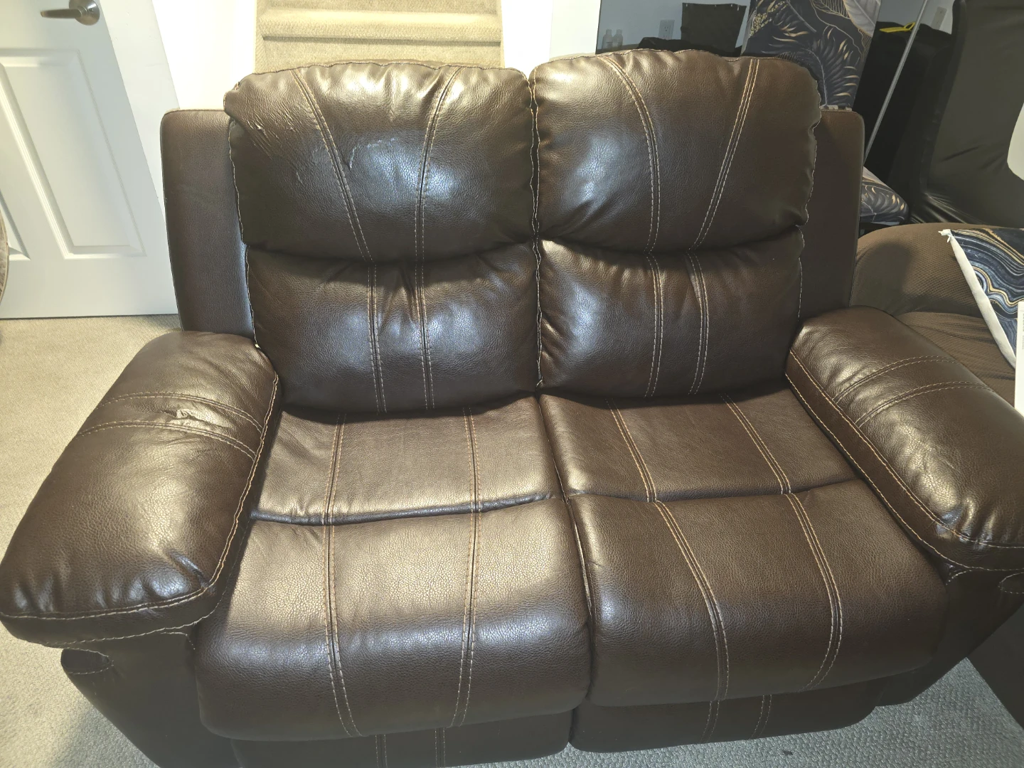 Brown Leather Reclining Sofa and Loveseat - As Is