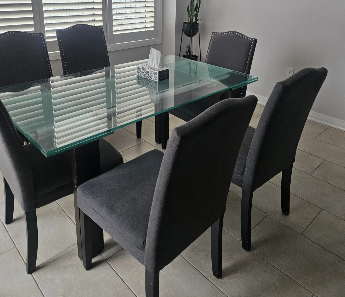 Glass Top Dining Table with 6 Grey Chairs