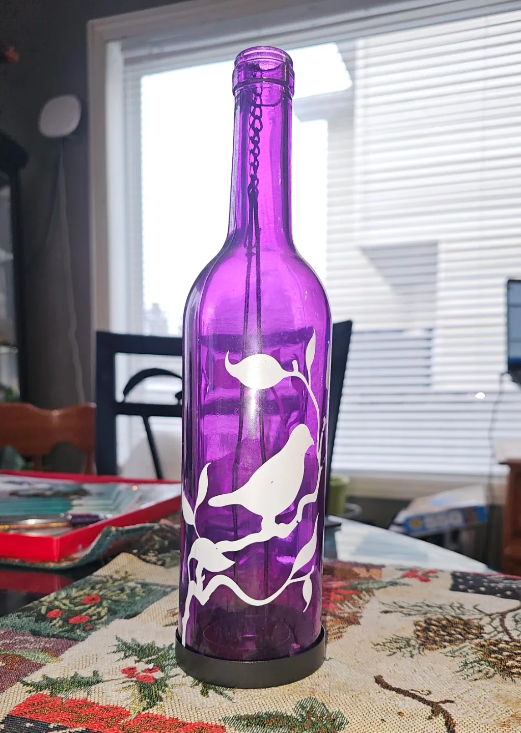 Purple Decorative Tealight Hanging Bottle with Bird Design