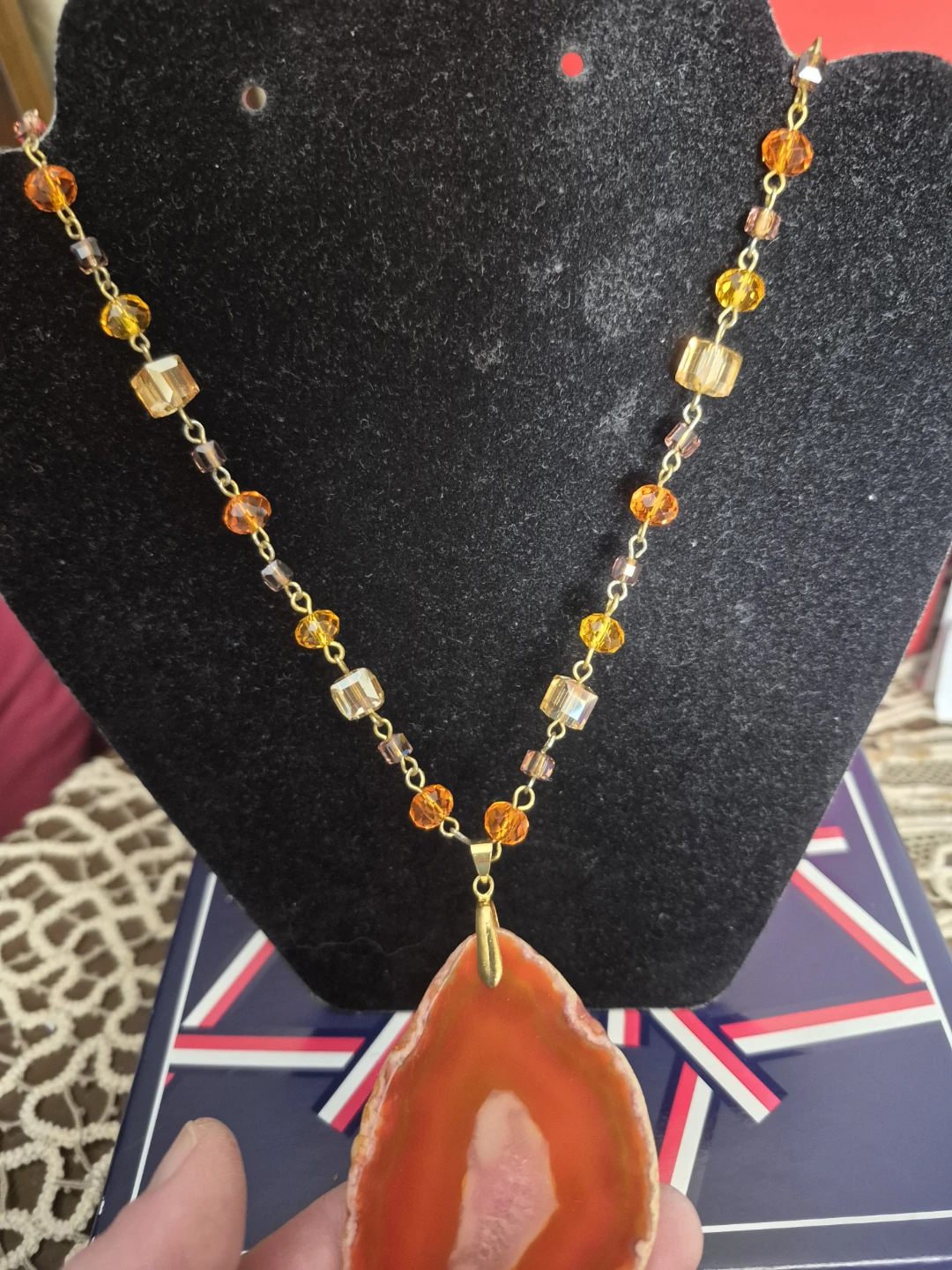 New Orange Agate Pendant crystal beaded Necklace