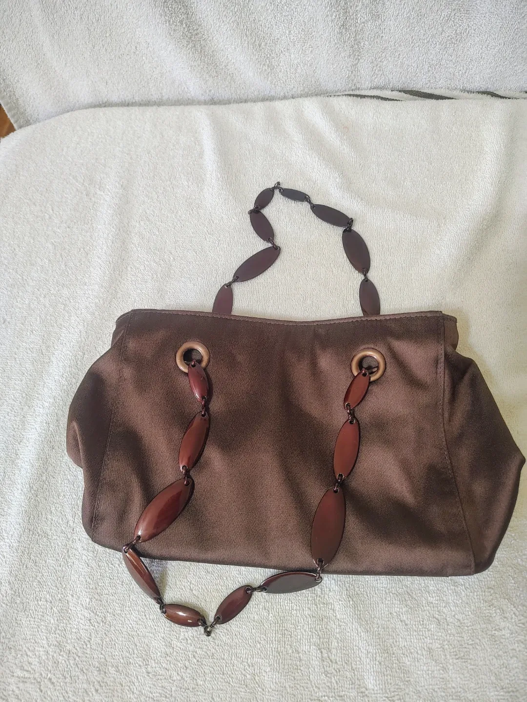 Brown Tote Bag with Beaded Handle