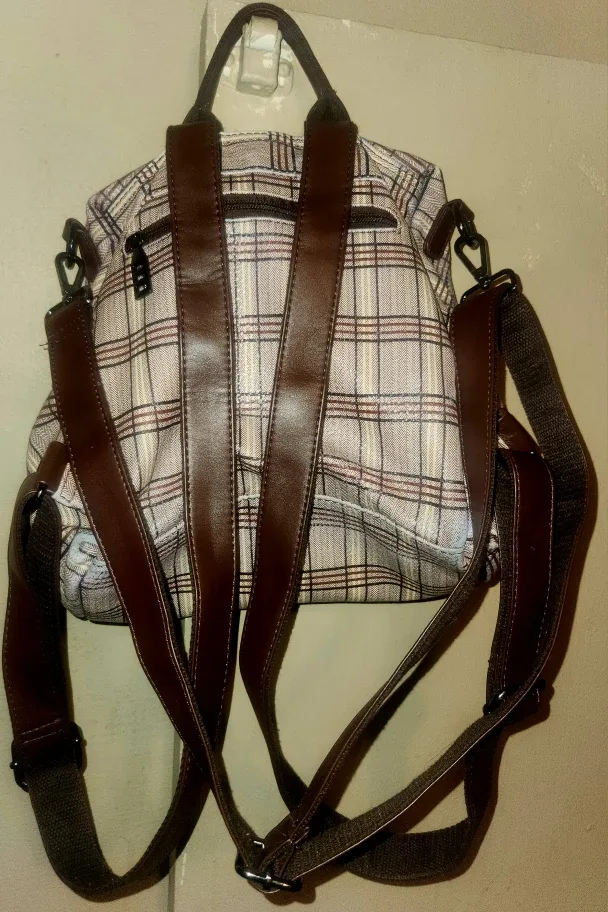 Plaid Backpack with Brown Straps