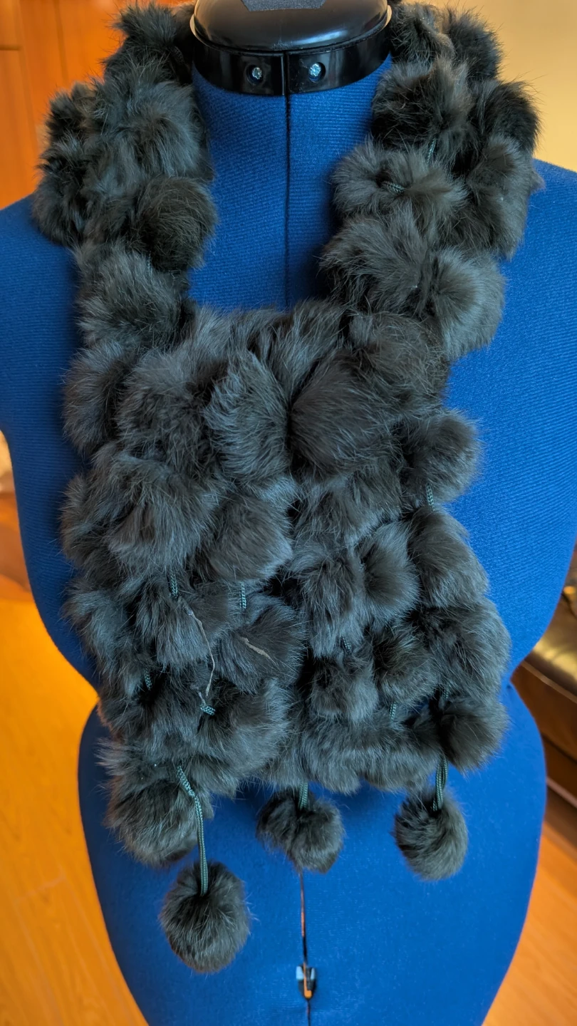 Fur Pom Pom Scarf - Dark Olive - Grey