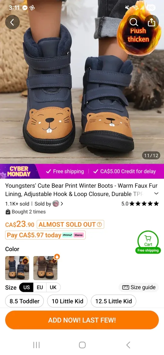 Youngsters Cute Bear Print Winter Boots - Size 10