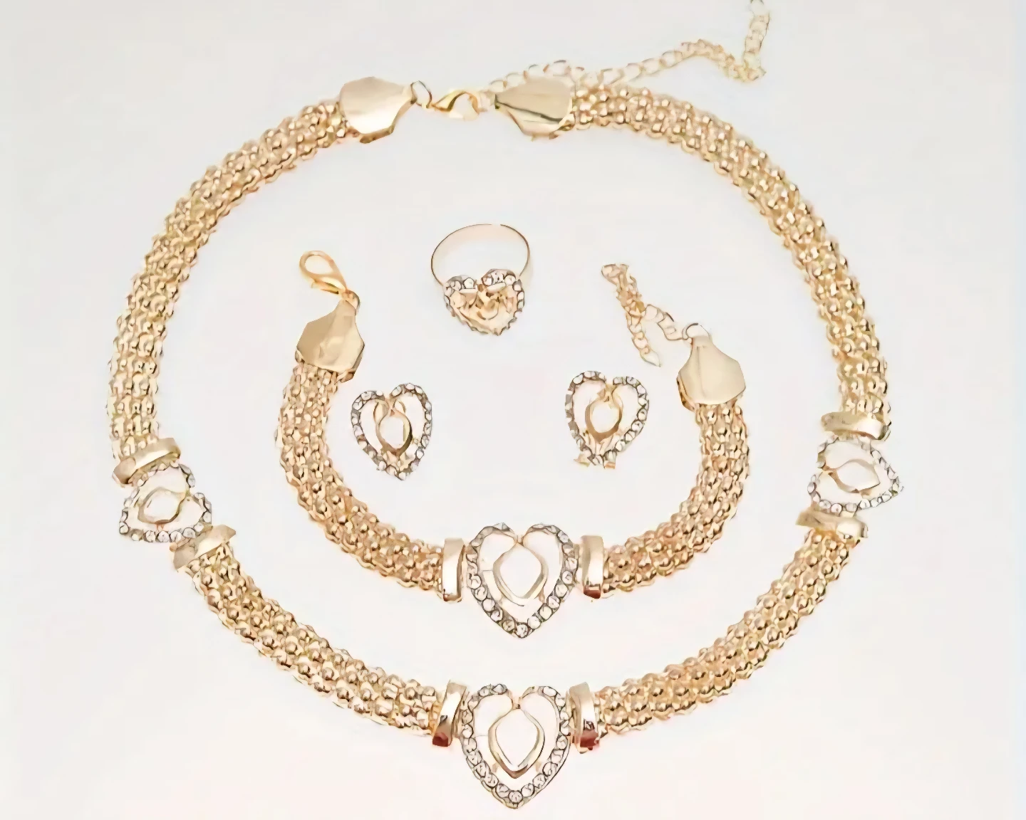 Gold Tone Heart Jewelry Set - Necklace, Bracelet, Ring, Earrings