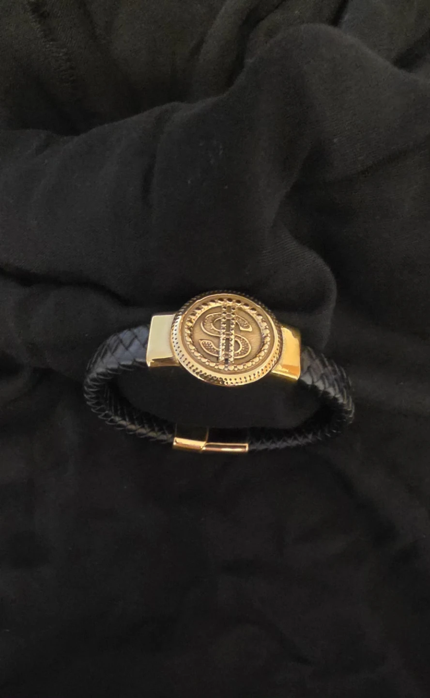 Braided Leather Bracelet with Gold Dollar Sign