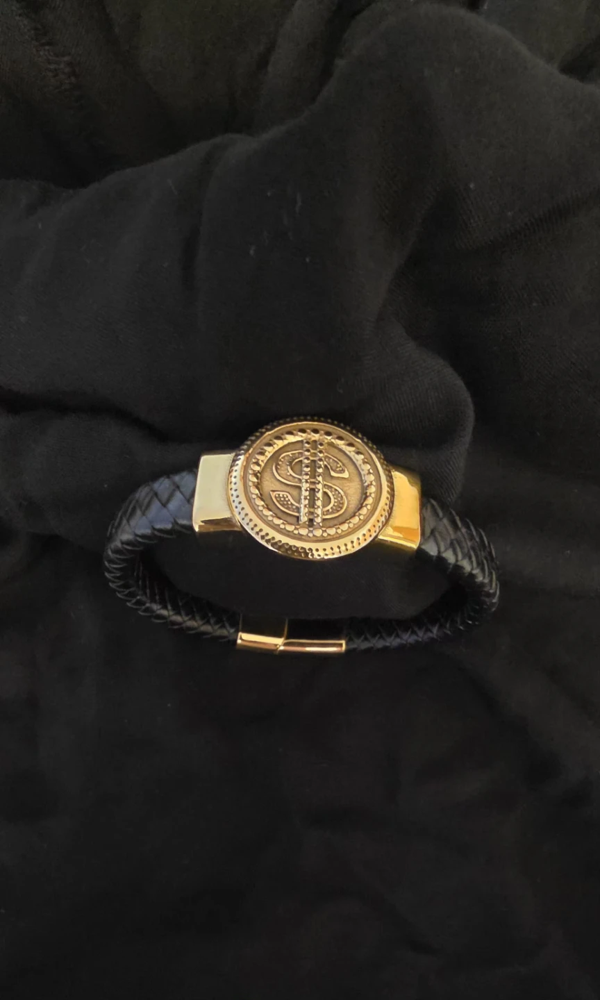 Braided Leather Bracelet with Gold Dollar Sign - photo 2