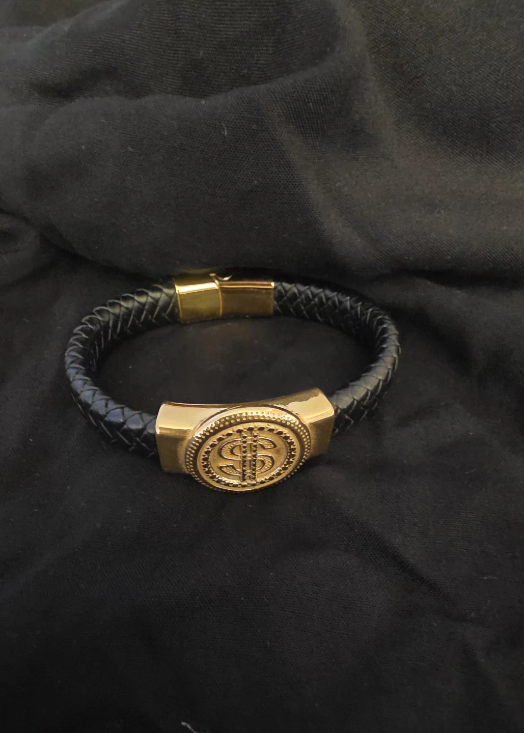 Braided Leather Bracelet with Gold Dollar Sign - photo 3