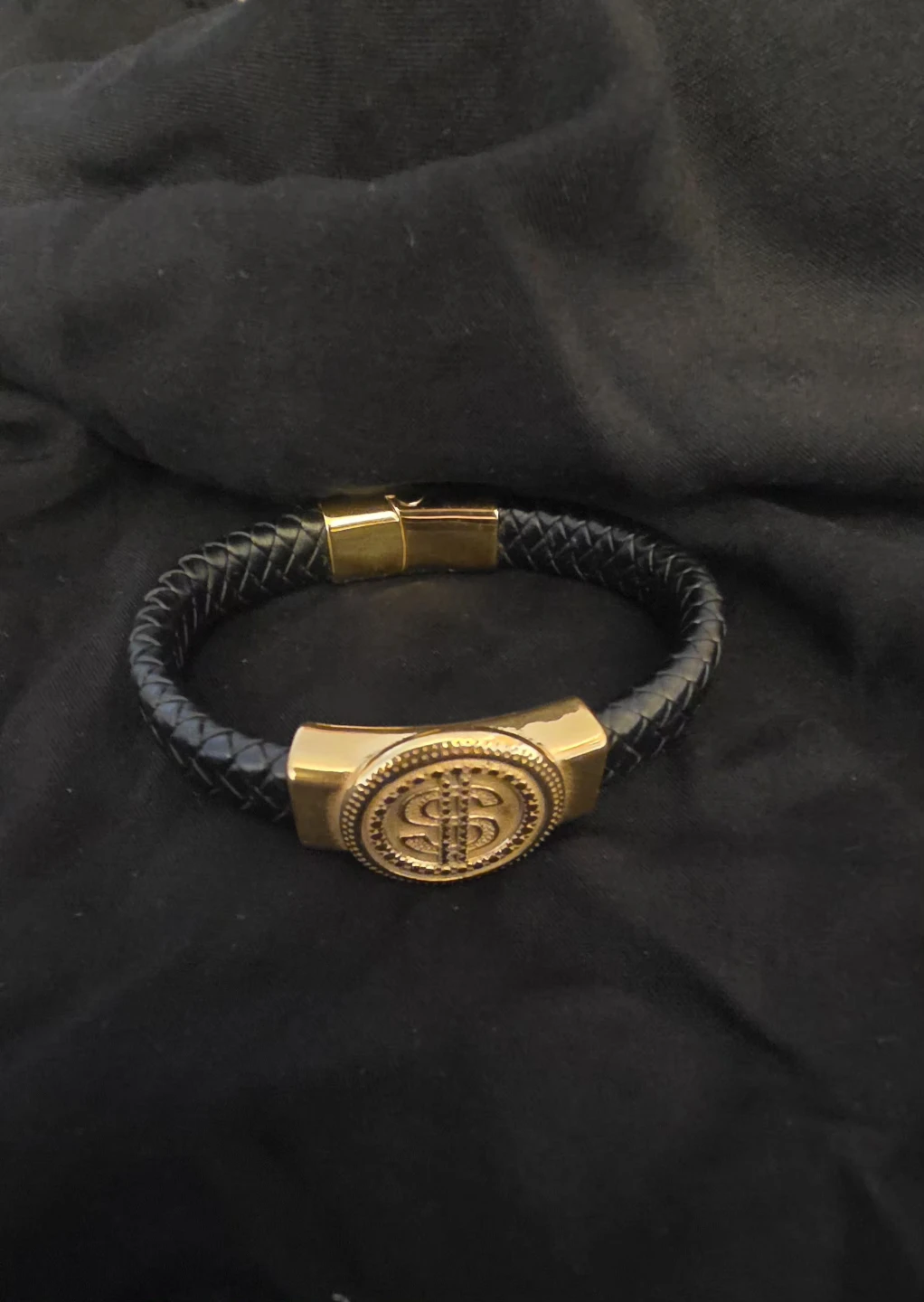Braided Leather Bracelet with Gold Dollar Sign - photo 4