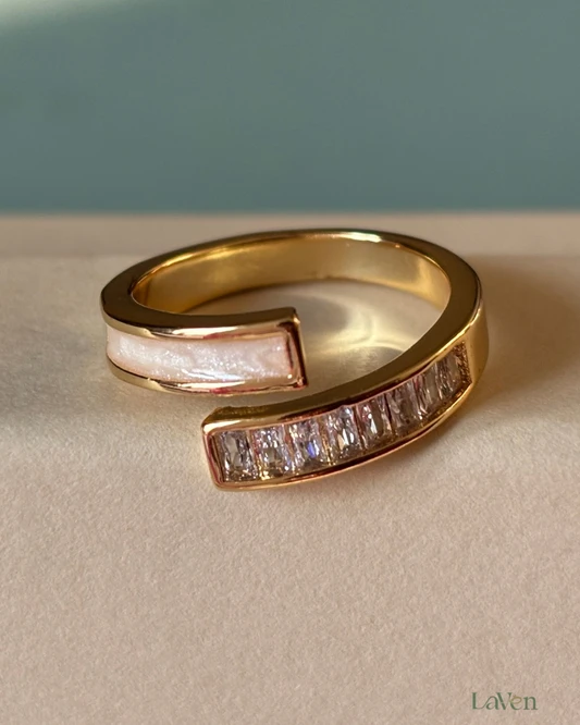 Gold Tone Ring with White Enamel and Crystals