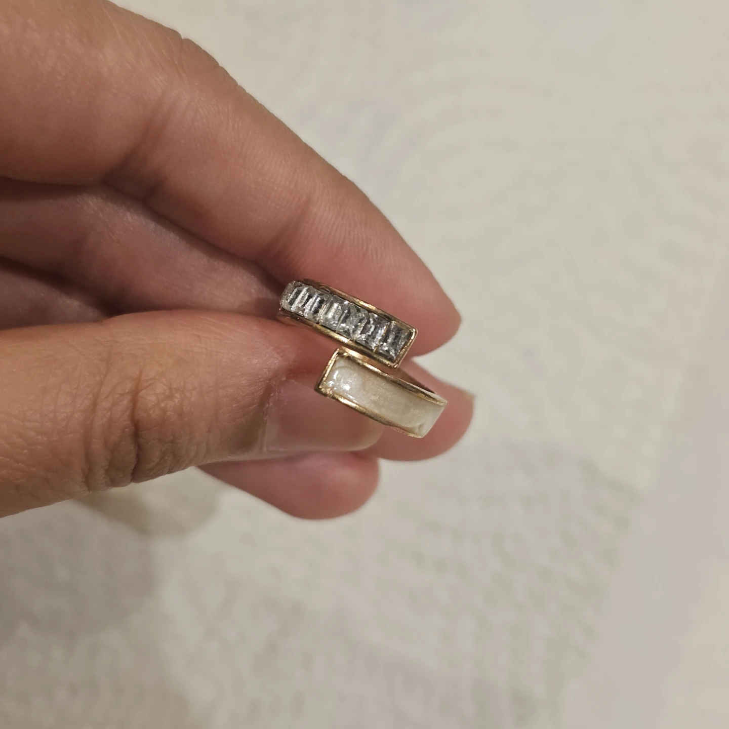 Gold Tone Ring with White Enamel and Crystals - photo 3