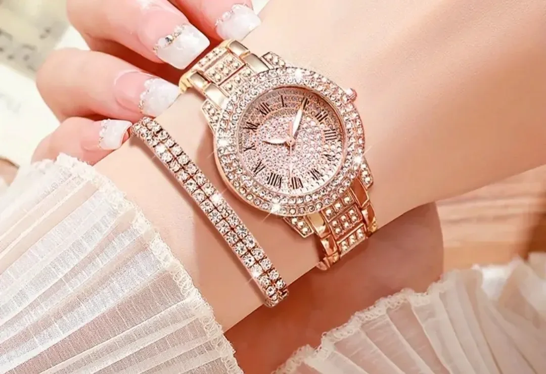 Rose Gold Rhinestone Watch & Bracelet Set
