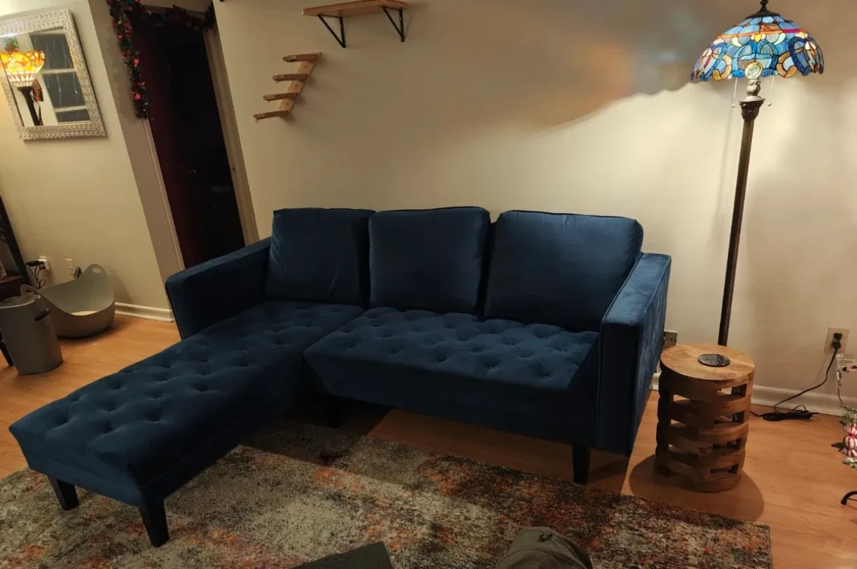 Blue Velvet Tufted Sectional Sofa-Reversible