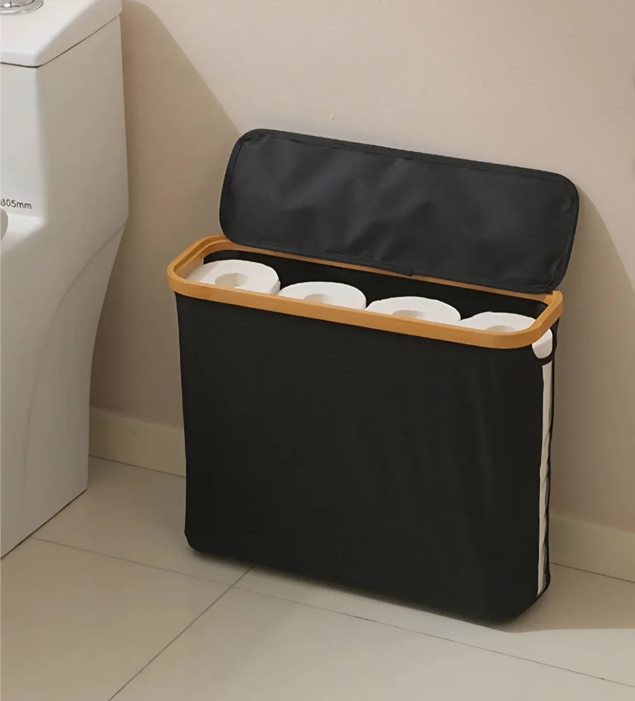 Black Fabric Storage Bin with Bamboo Frame