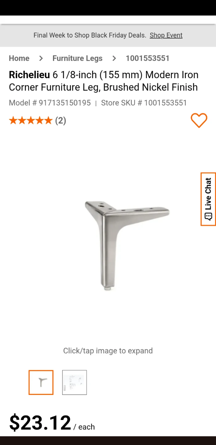 $48 for 4 legs. New Richelieu 6 1/8-inch triangle furniture Leg