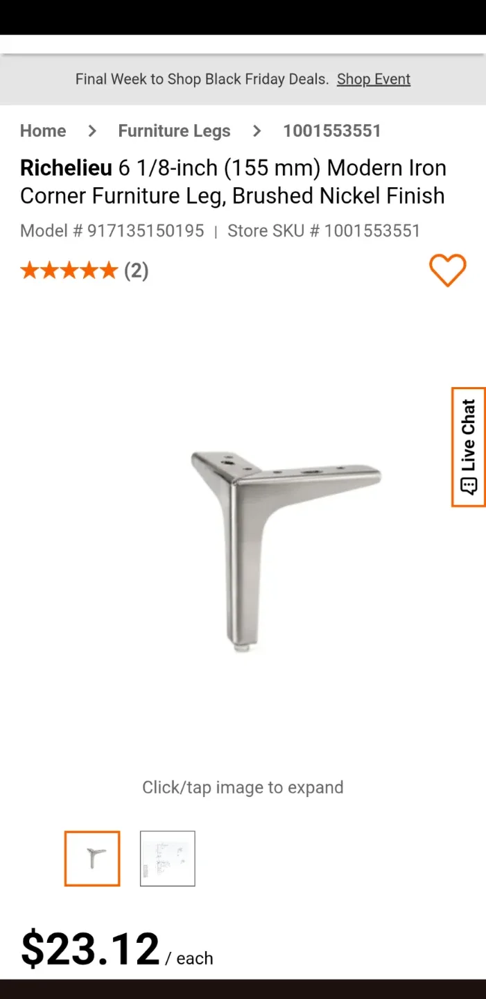 $48 for 4 legs. New Richelieu 6 1/8-inch triangle furniture Leg