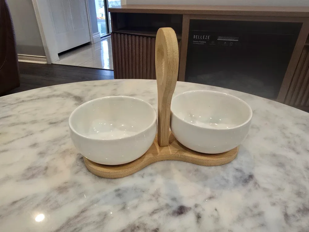 White Ceramic Bowls with Bamboo Stand & Spoon