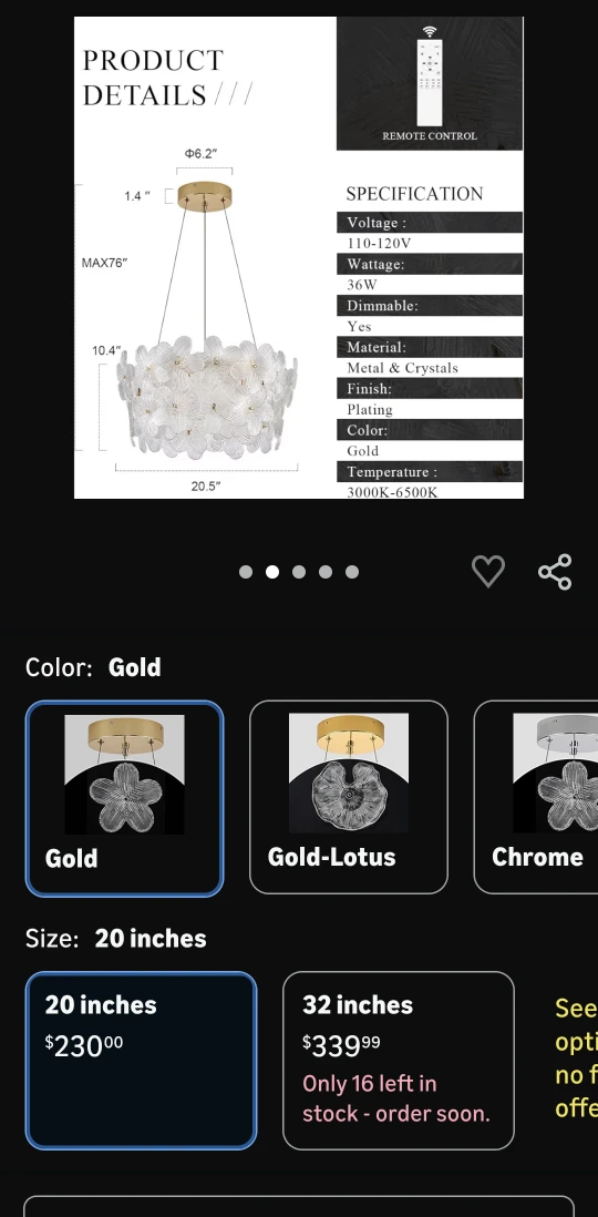 Flower Crystal LED Chandelier 20 inch Gold - photo 2