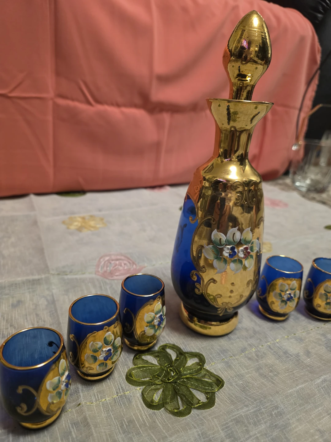 Vintage Gold & Blue Decanter Set