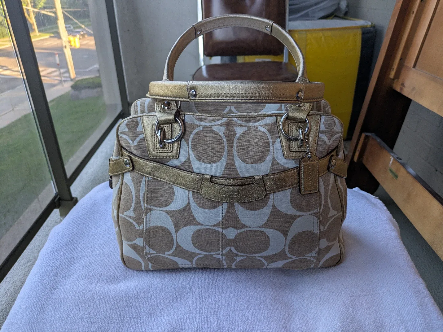 Coach Beige & Gold Signature Print Handbag