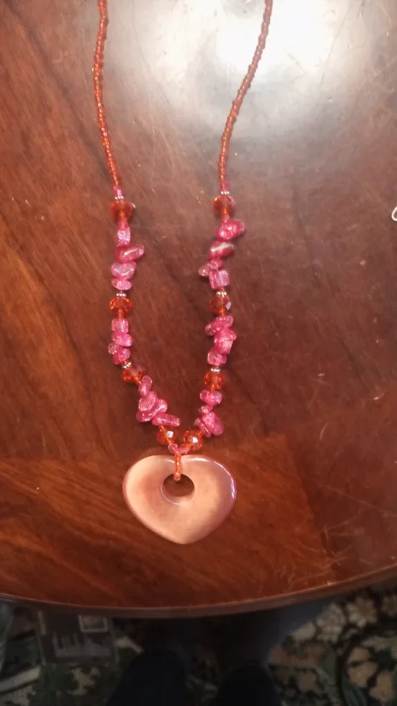 Pink Beaded Necklace with Heart Pendant