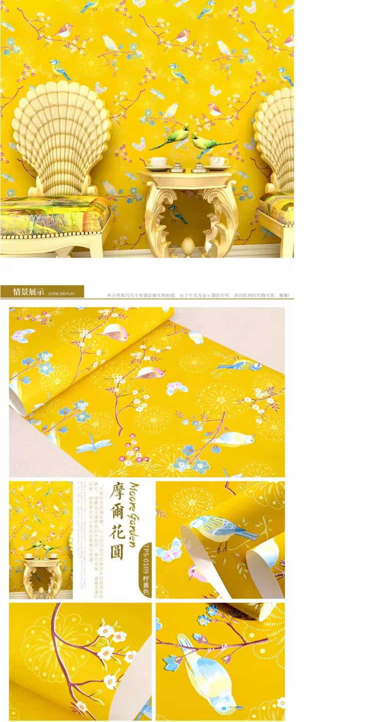 Moore Garden Floral Bird Wallpaper - Yellow 20 meter - photo 5