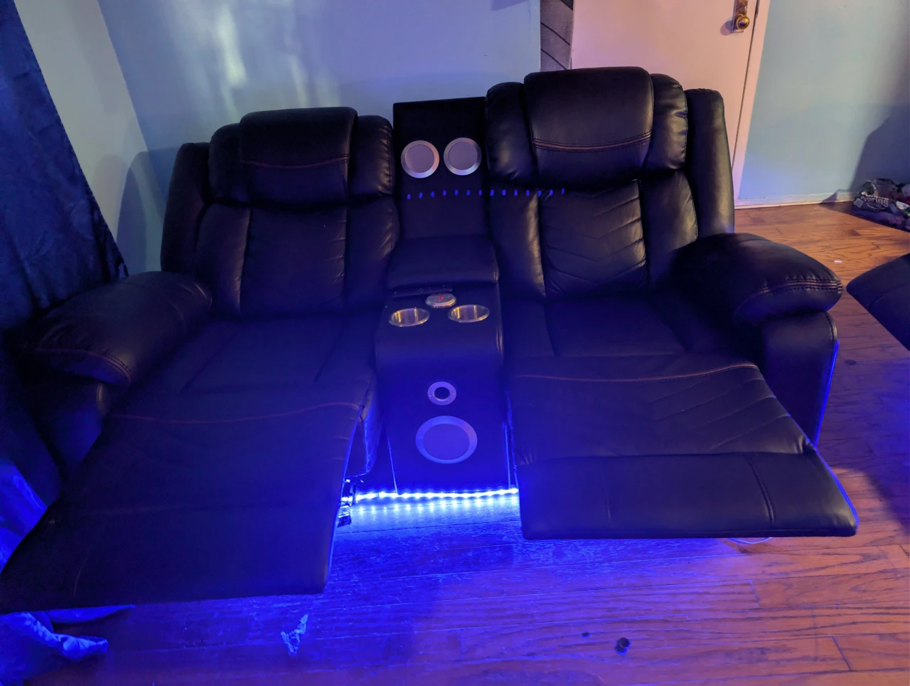 Black Leather Power Reclining Loveseat with Console - photo 2