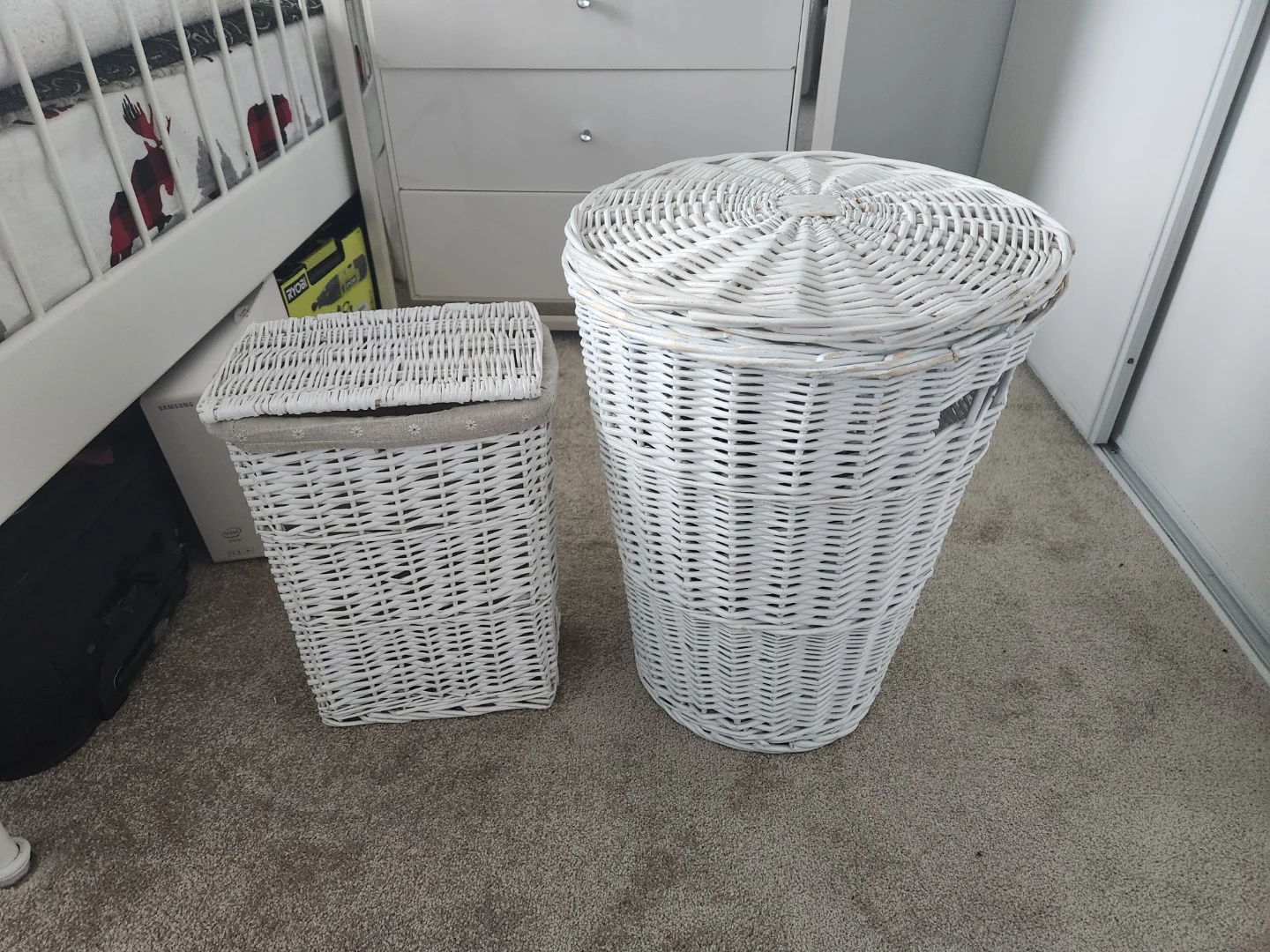 White Wicker Laundry Baskets - Set of 2