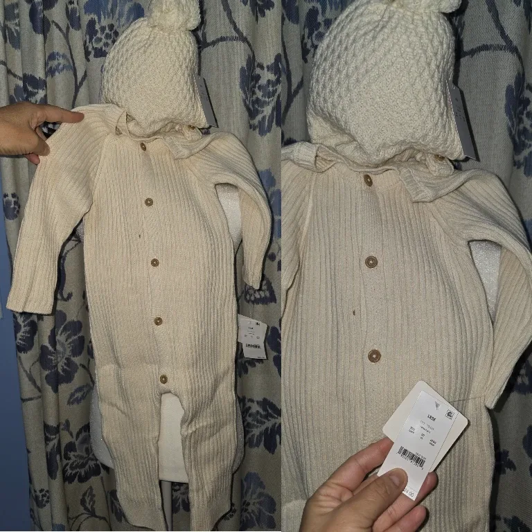 12M Cream Knit Baby Romper with Hat