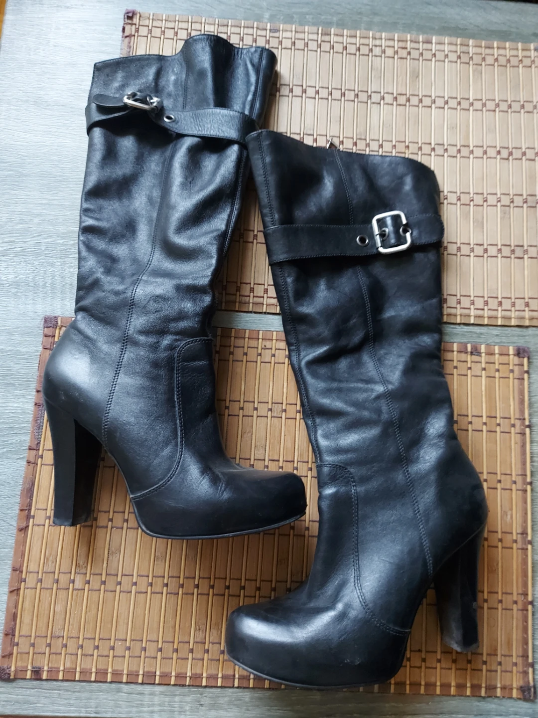 Black Leather Knee High Buckle Boots