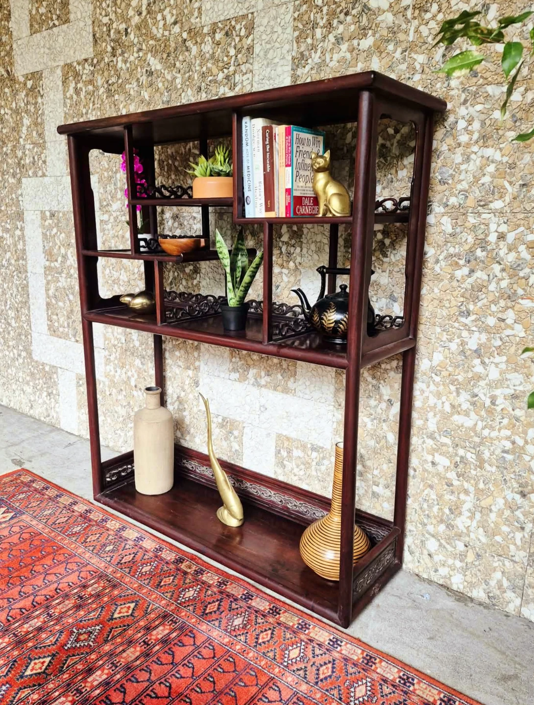 Vintage Staggered Etagere Solid Elm Wall Unit Bookshelf - photo 2