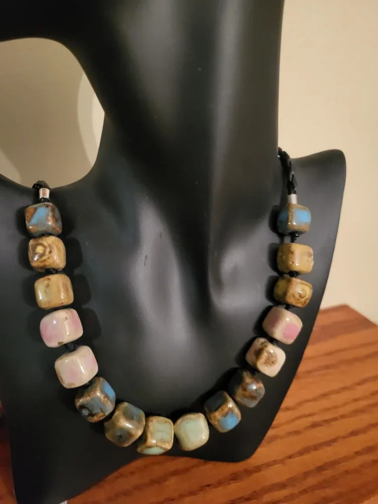 Handmade Ceramic Cube Bead Necklace