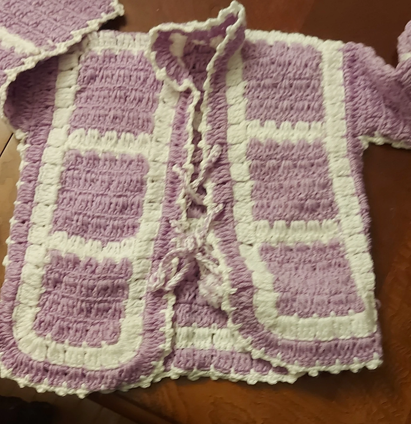 Handmade Crocheted Baby Cardigan - Lilac & White