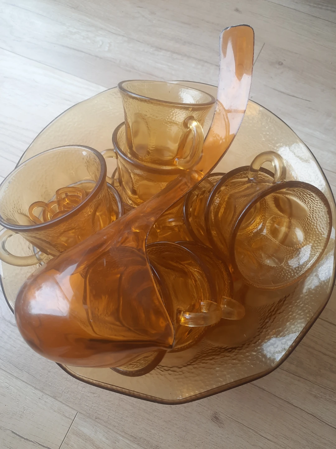Vintage Amber Glass Punch Bowl Set