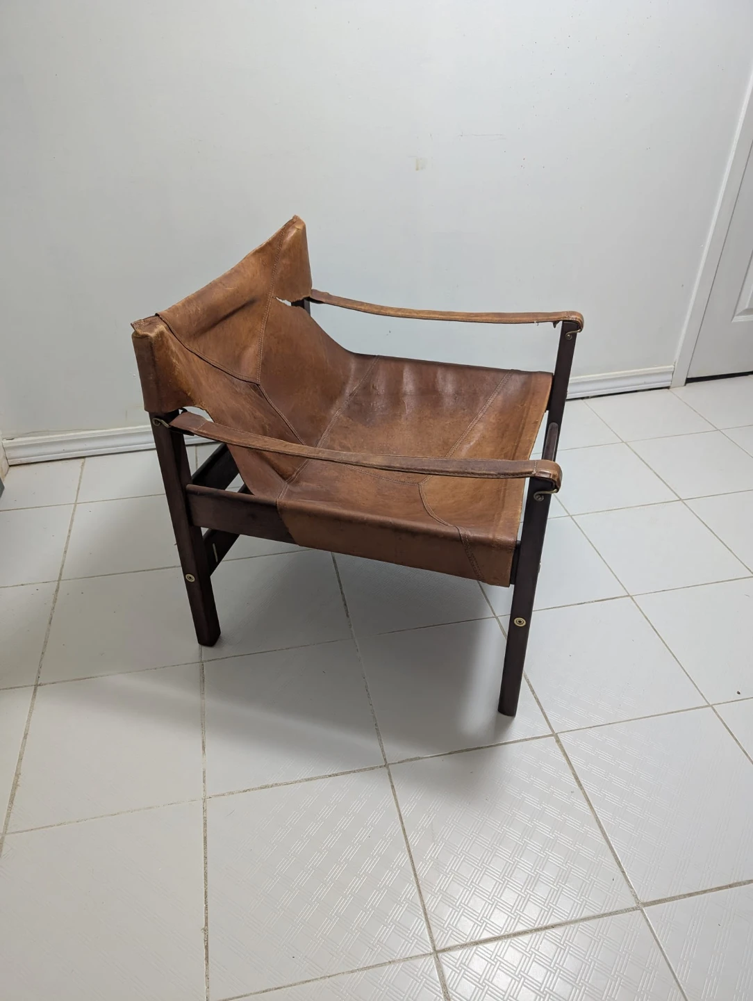 MCM Teak Leather Sling / Safari Chair