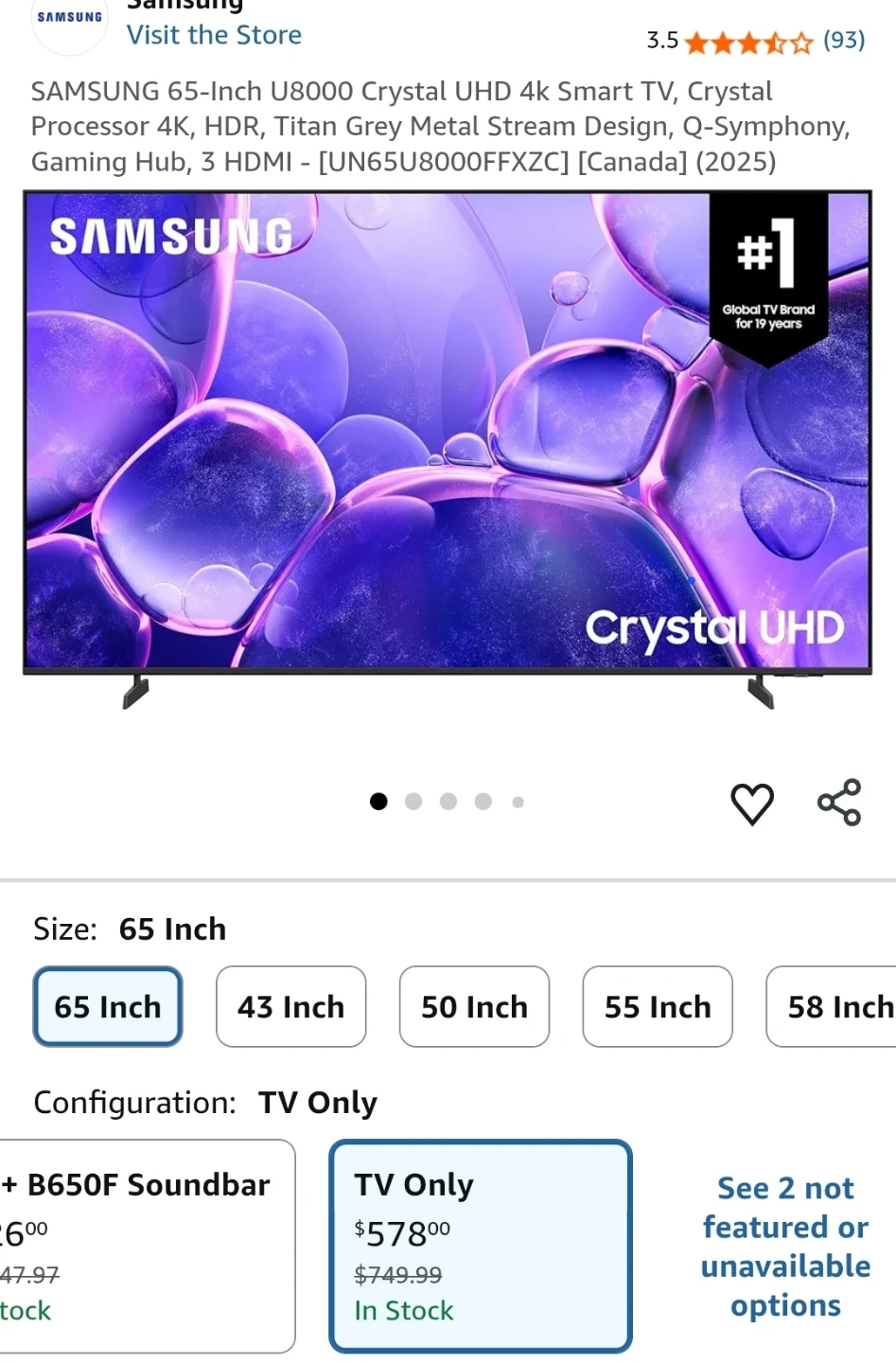 Samsung 65-Inch U8000 Crystal UHD 4K Smart TV