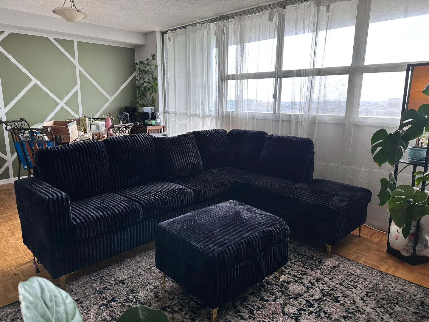 Navy 7 seater Corduroy Sectional Sofa with Ottoman