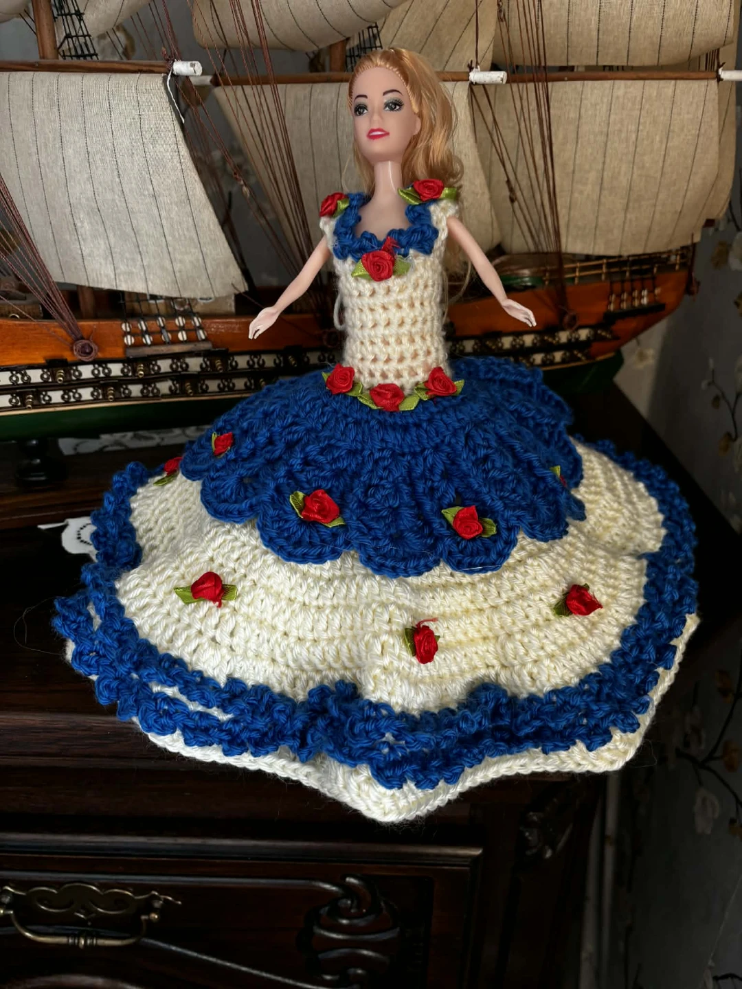 Handmade Crocheted Doll Dress - Blue & White