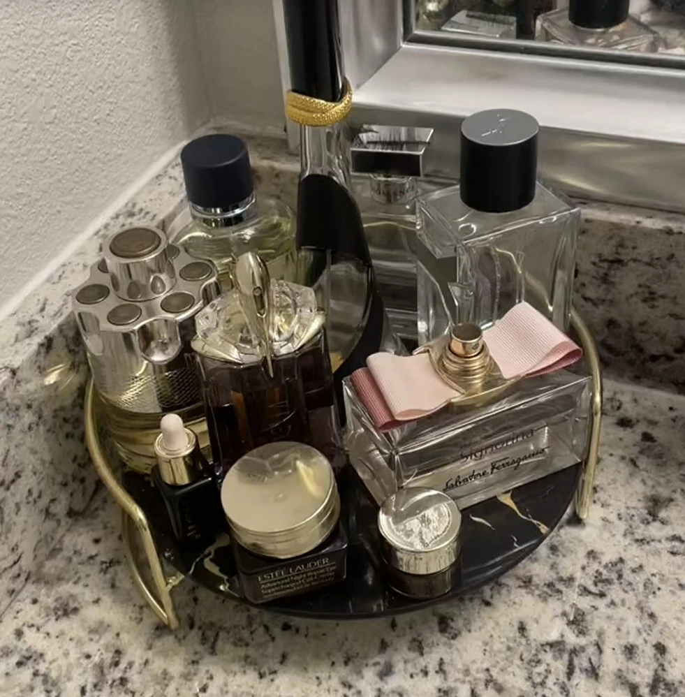 🥕Decorative tempered glass vanity tray with Gold Stand