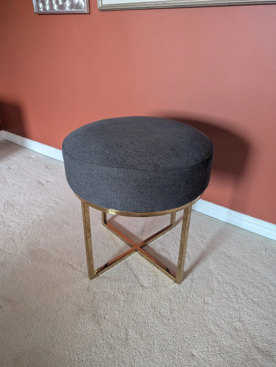Grey Round Ottoman Stool with Gold Legs