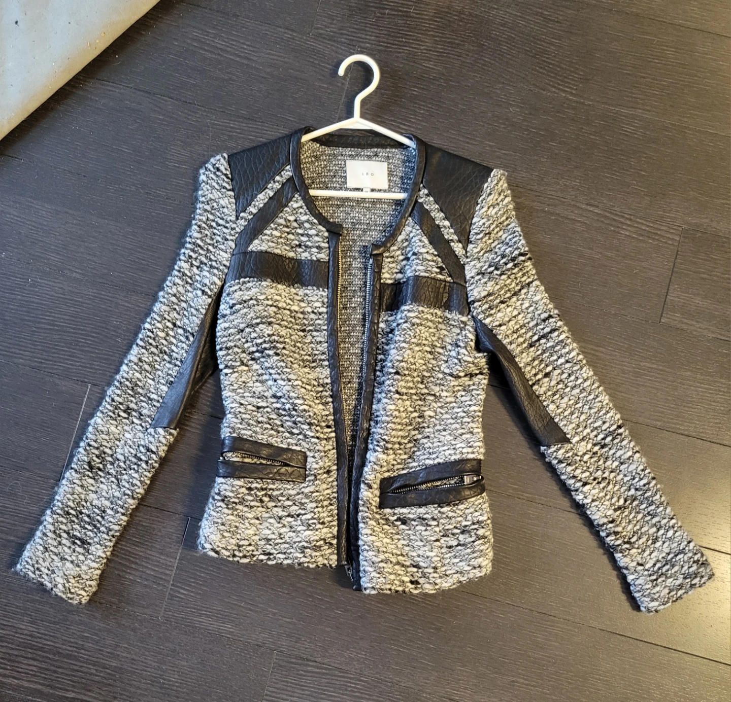 IRO Izzy Black Leather Grey Knit Jacket Sweater - photo 2